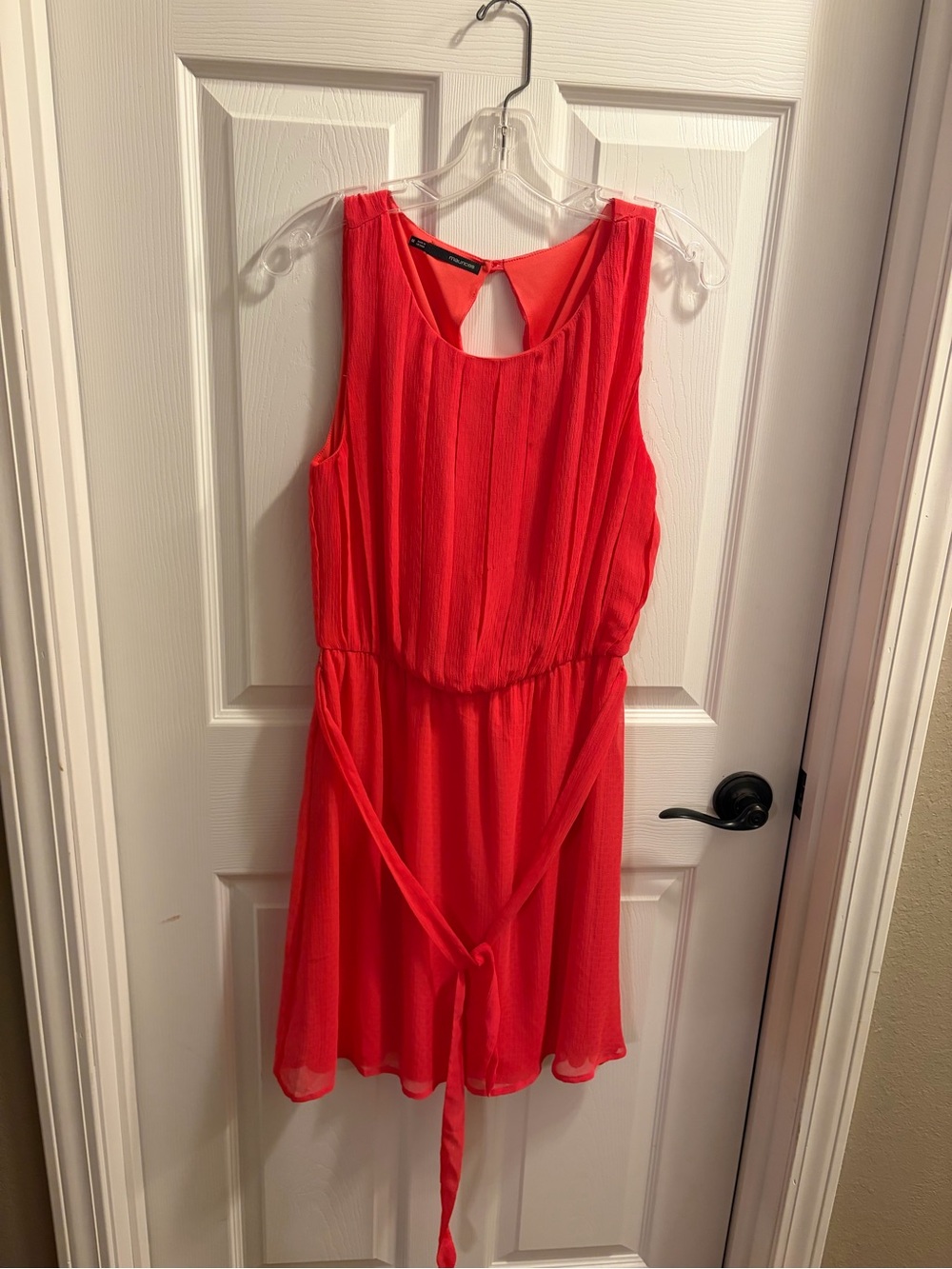 Maurices Coral-Red Sleeveless Pleated Waist-Tie Dress